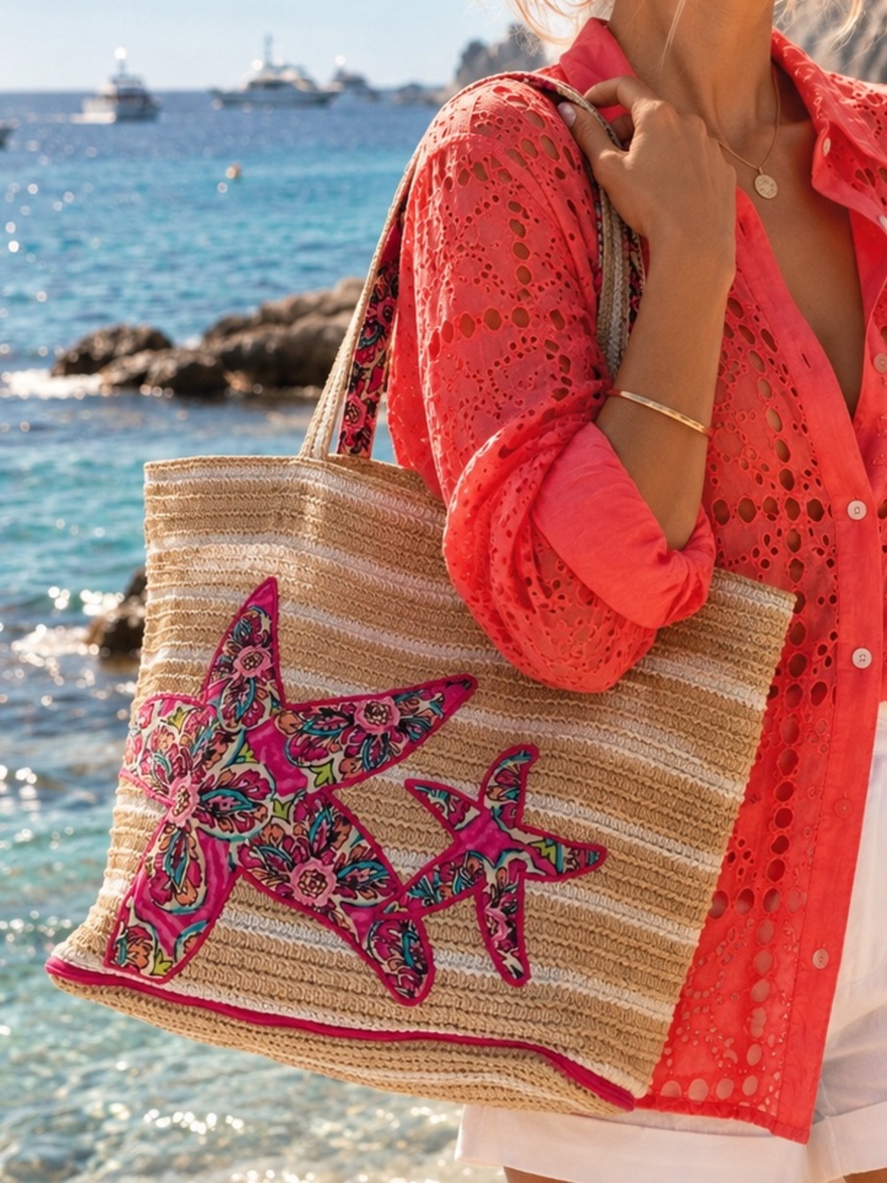 Vera Bradley Straw Woven Tote Bag Pink Floral Starfish Beach Summer Shoulder Bag